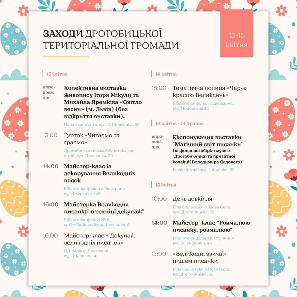 DrogMedia Анонс культурних подій в Дрогобицькій громаді на 13-15 квітня