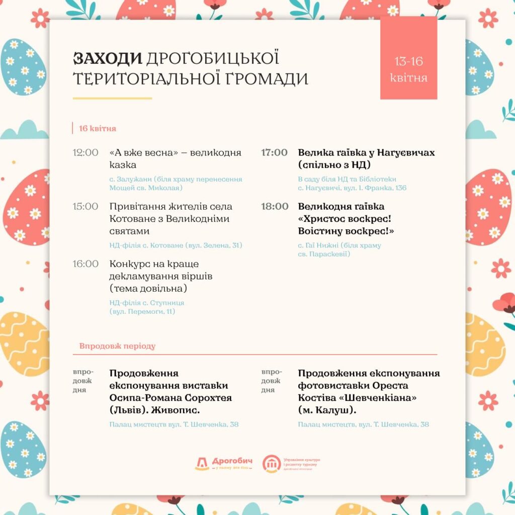 DrogMedia Анонс культурних подій в Дрогобицькій громаді на 13-15 квітня