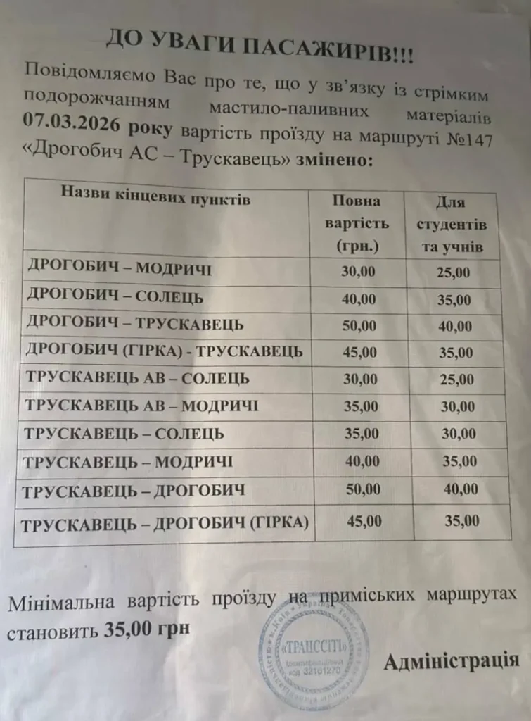 Нові тарифи Дрогобич-Трускавець