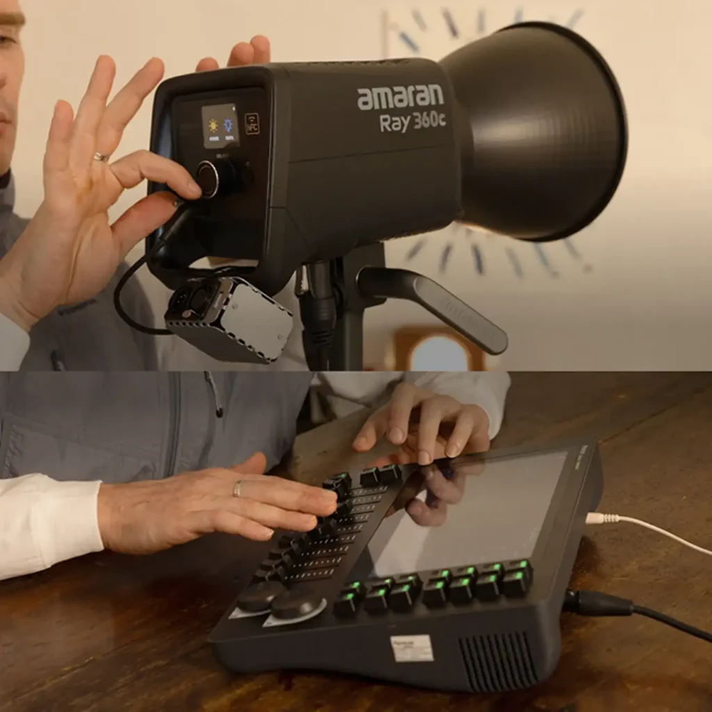 Зверху — налаштування Amaran Ray 360c з DMX-модулем та дисплеєм (5600K, 100%); знизу — керування приладом з DMX-пульта