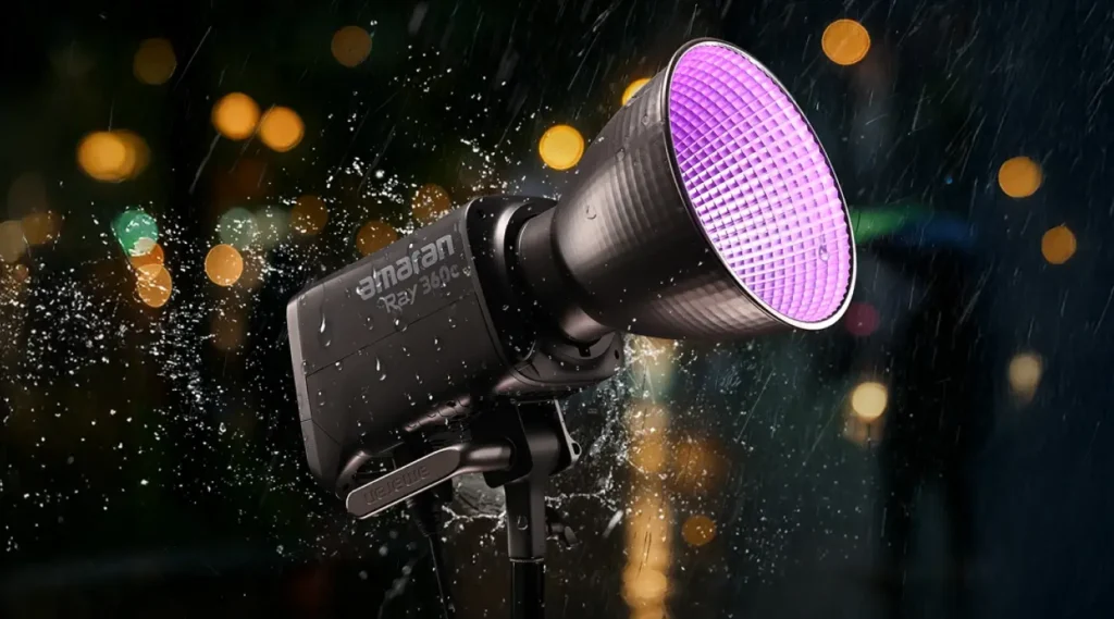 Amaran Ray 360c під дощем з фіолетовим підсвічуванням рефлектора — демонстрація вологозахищеного корпусу приладу на вулиці